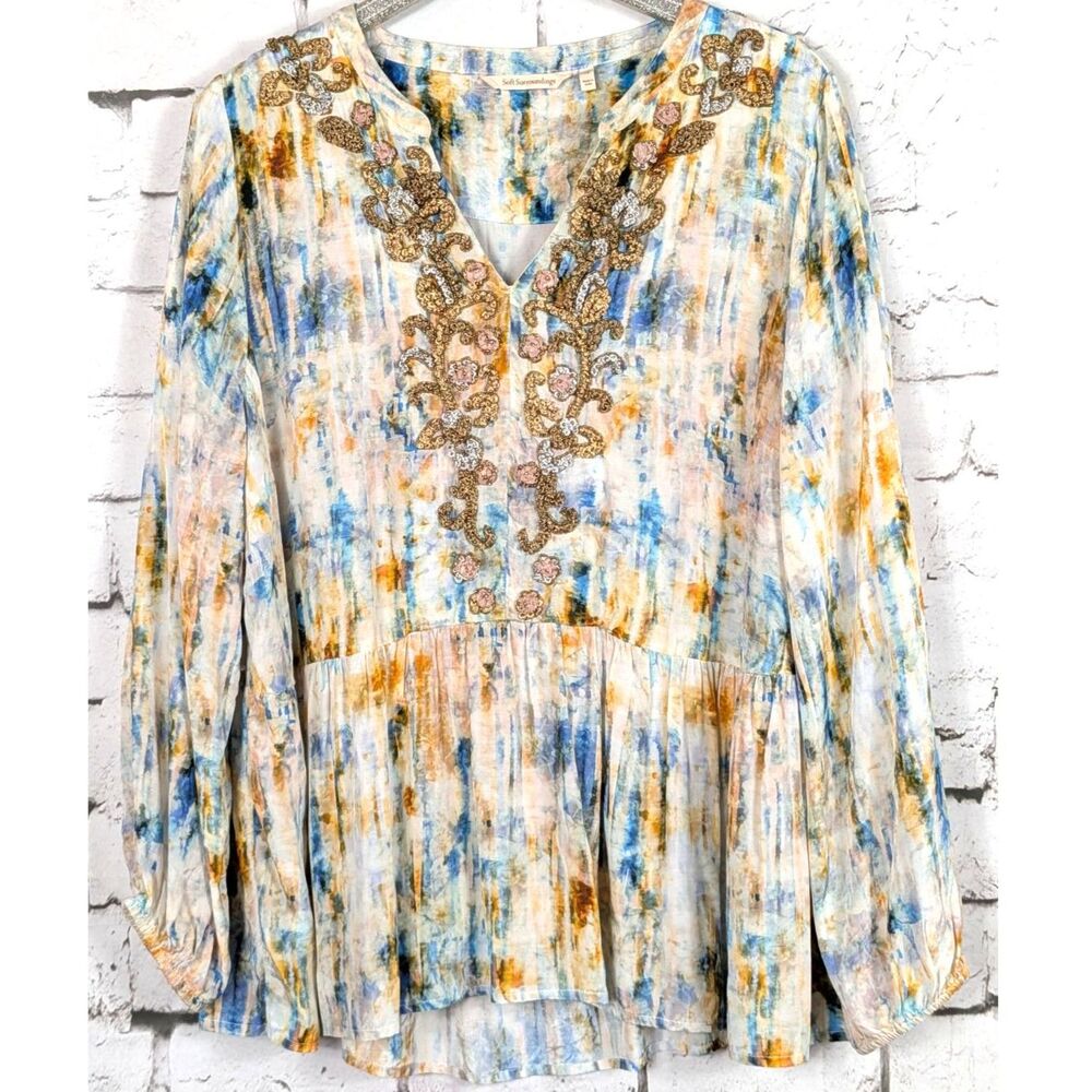 SOFT SURROUNDINGS Watercolor Heavily Embellished Boho Artsy Tunic Statement 1X